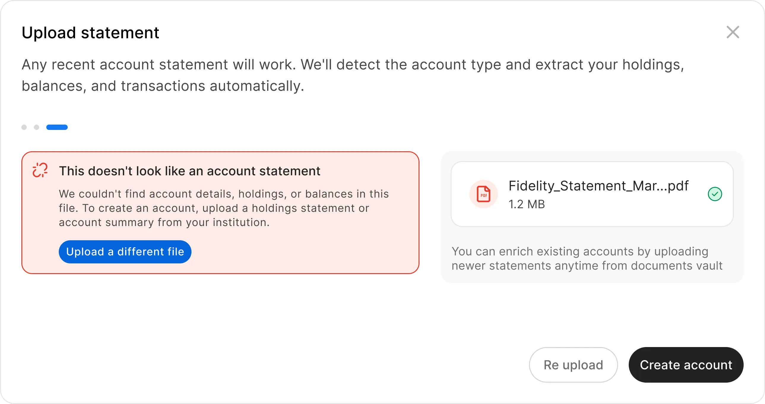 Upload statement modal  -  error state: This doesn't look like an account statement