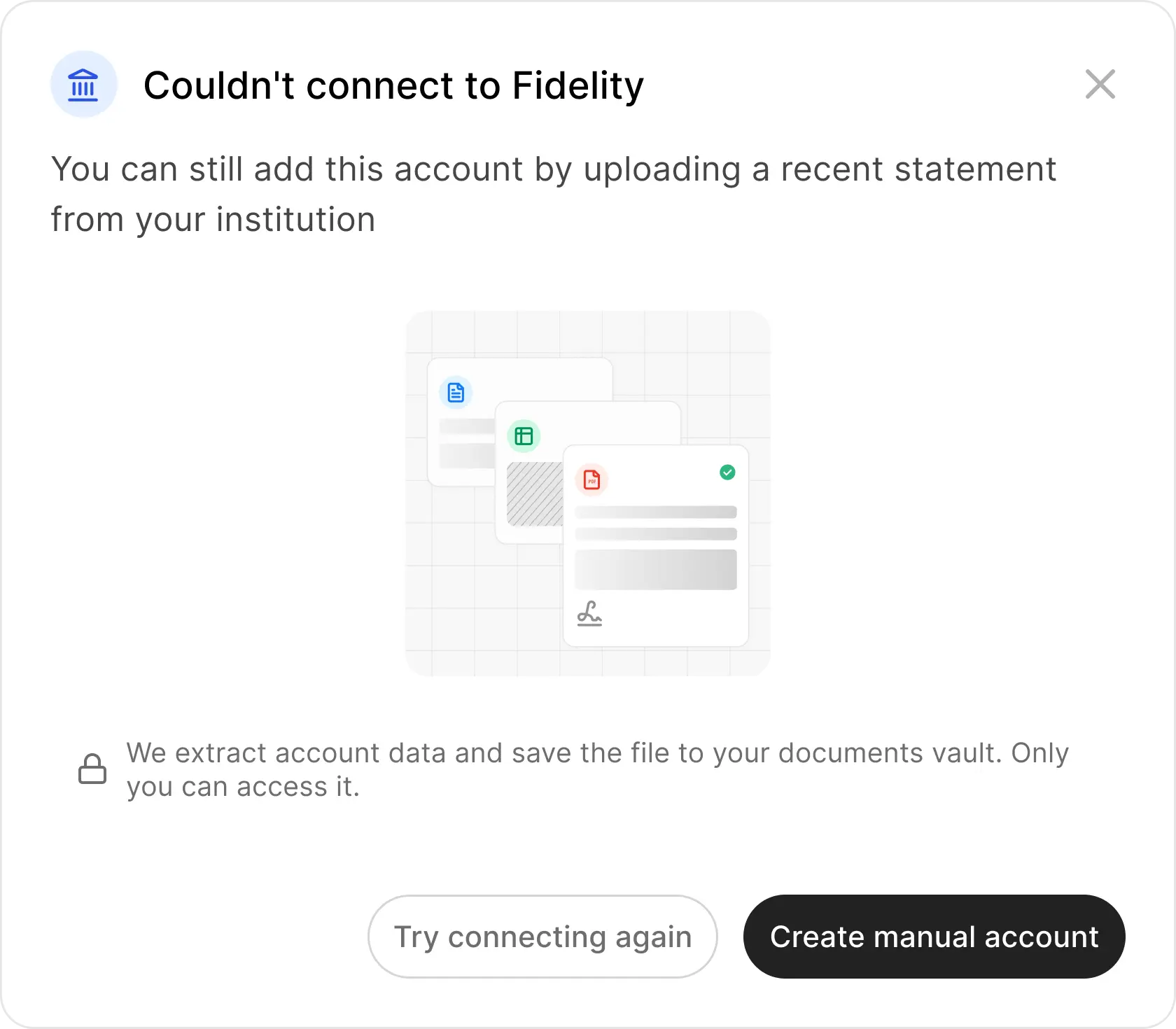Couldn't connect to Fidelity modal  -  Create manual account CTA with statement upload illustration