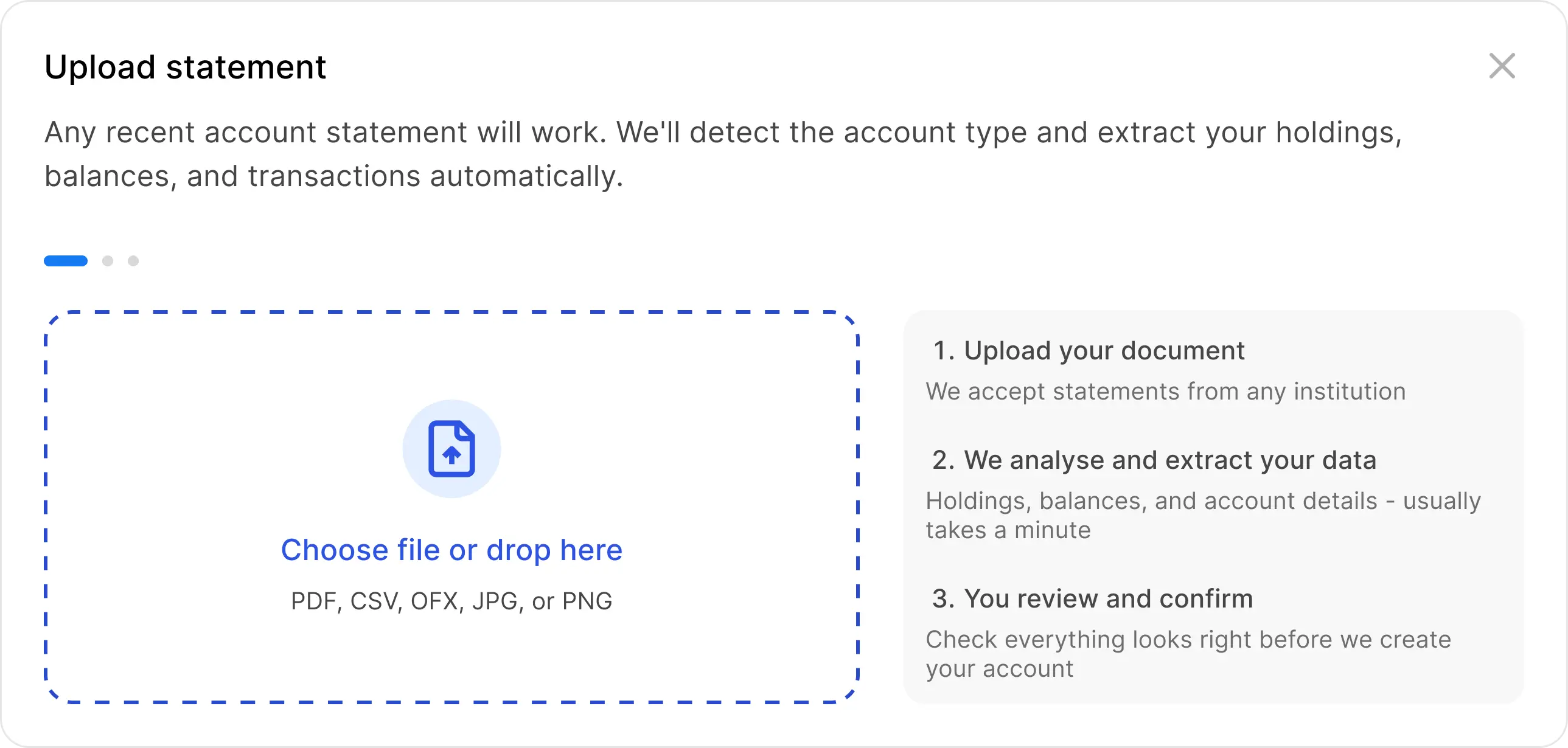 Upload statement modal  -  file drop zone with step-by-step explainer