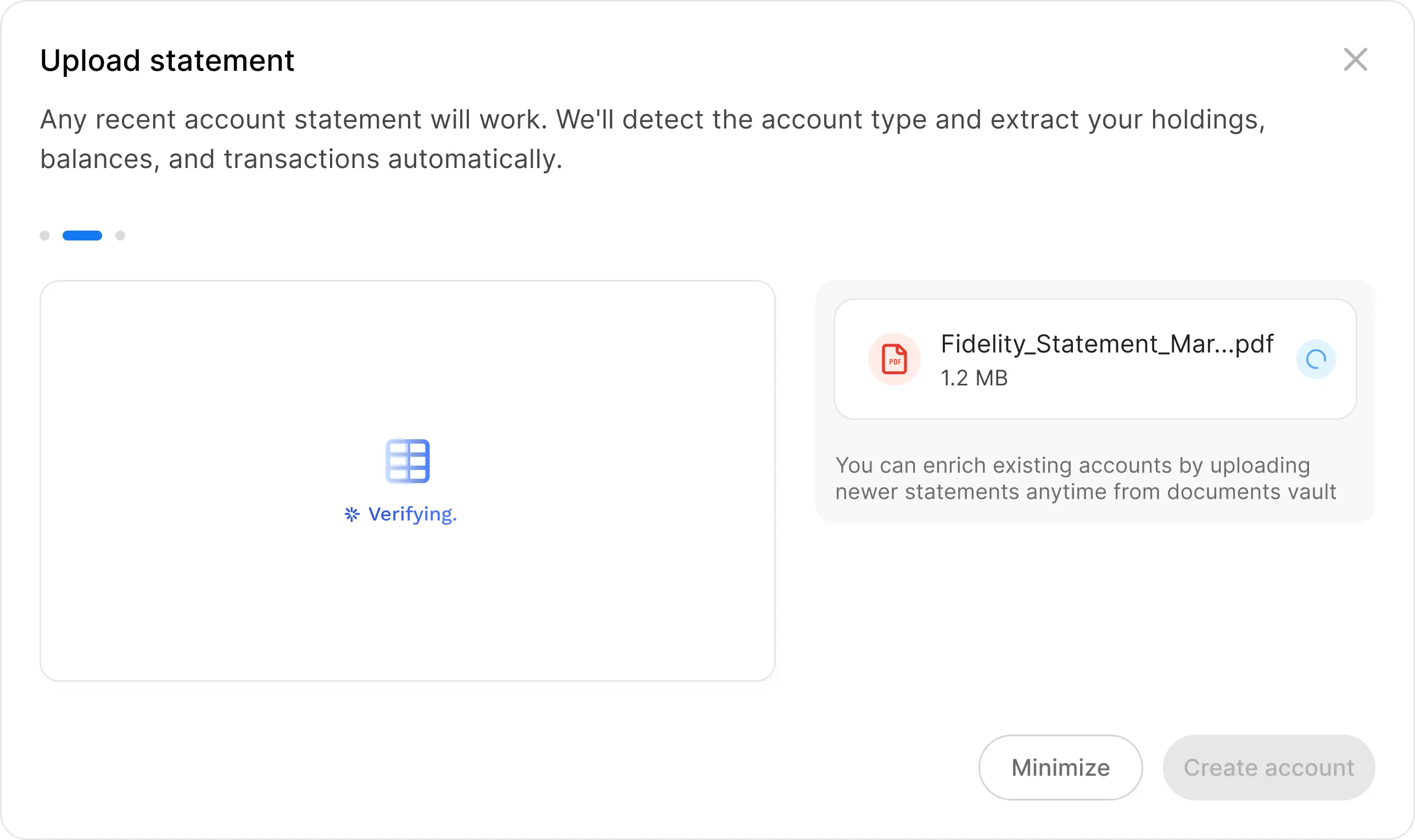 Upload statement modal  -  verifying state with filename, spinner, and Minimize button