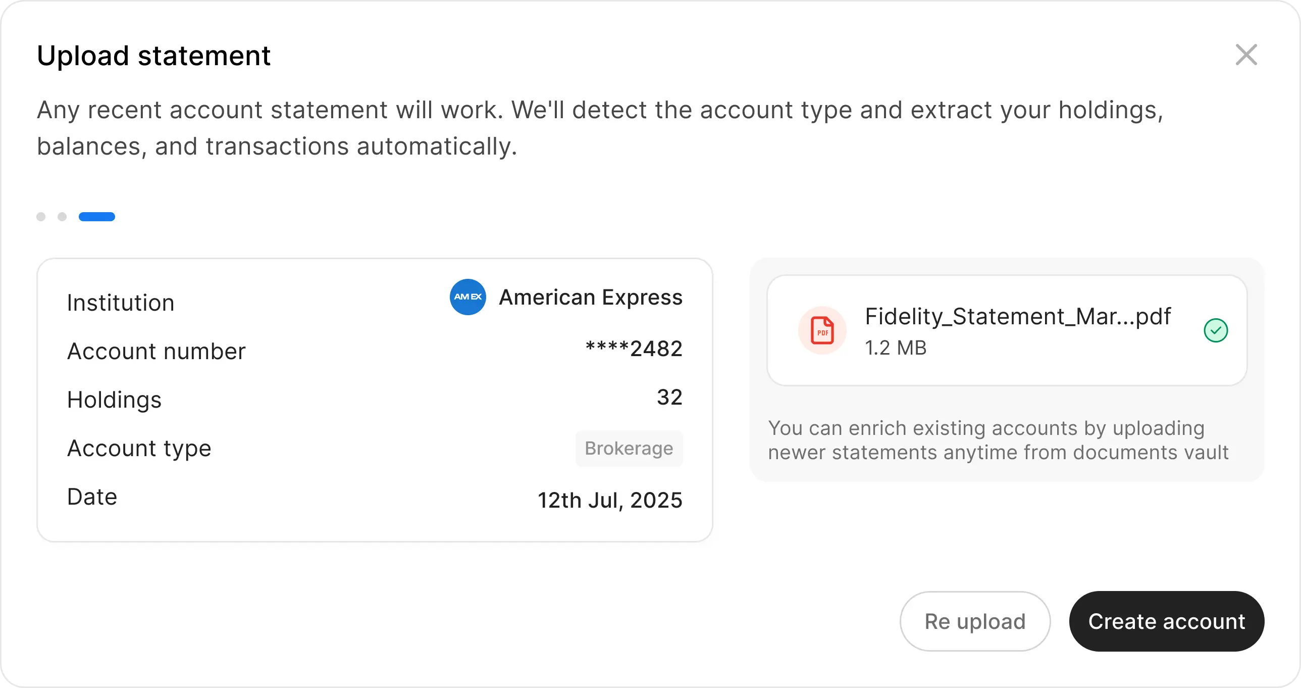 Upload statement modal  -  parsed account data shown, Create account button active